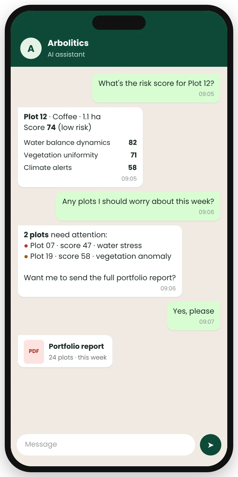 Chat with the Arbolitics AI assistant about a plot's risk score